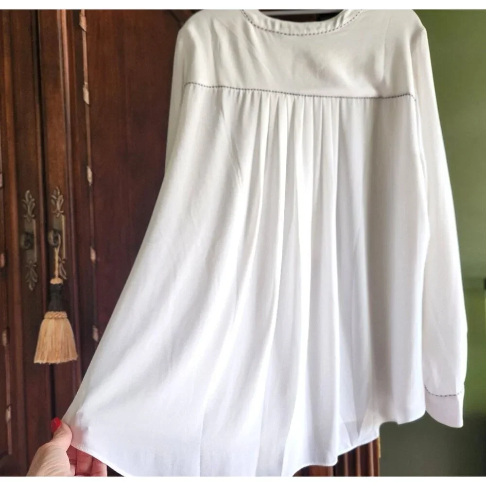 Lane Bryant Lng Slv Chiffon Blouse Pocket White w/ Black Whip Stitching Sz 18/20 - Picture 9 of 12